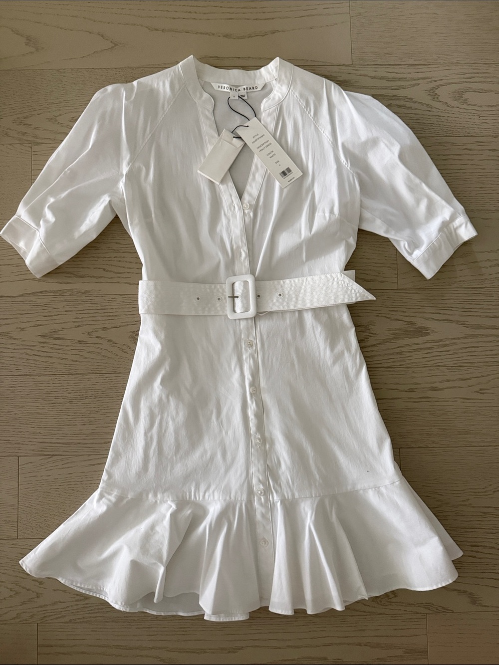 NWT! Veronica Beard White Belted Ruffle-Hem Mini Dress